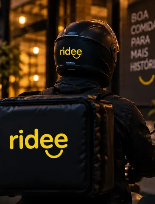 Motoboy da Ridee, de capacete e bag com a marca, parado em frente a um restaurante à noite