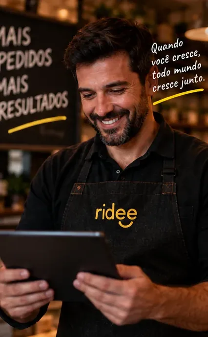 Dono de loja com o avental da Ridee sorrindo enquanto olha o tablet