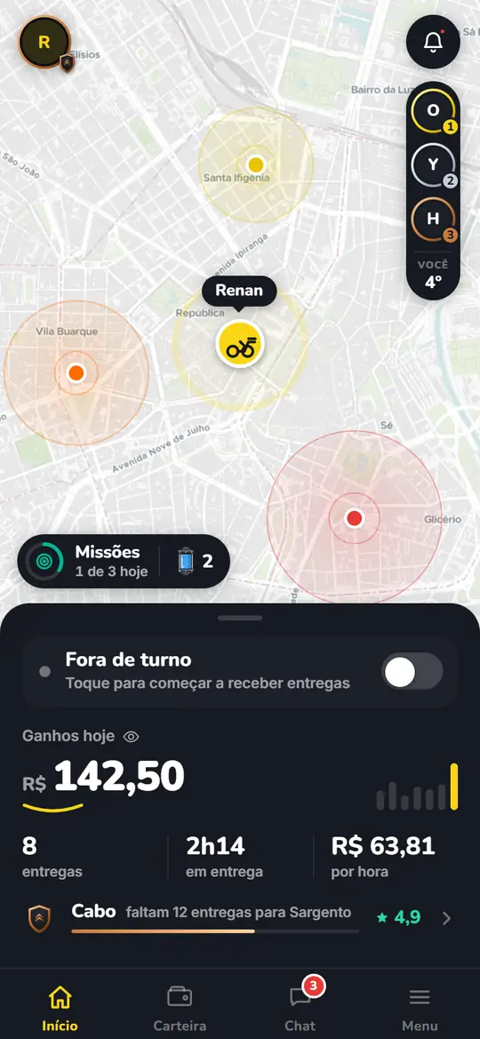 Tela do painel do turno no Ridee Driver, com ganhos do dia, entregas, tempo em entrega e ganho por hora